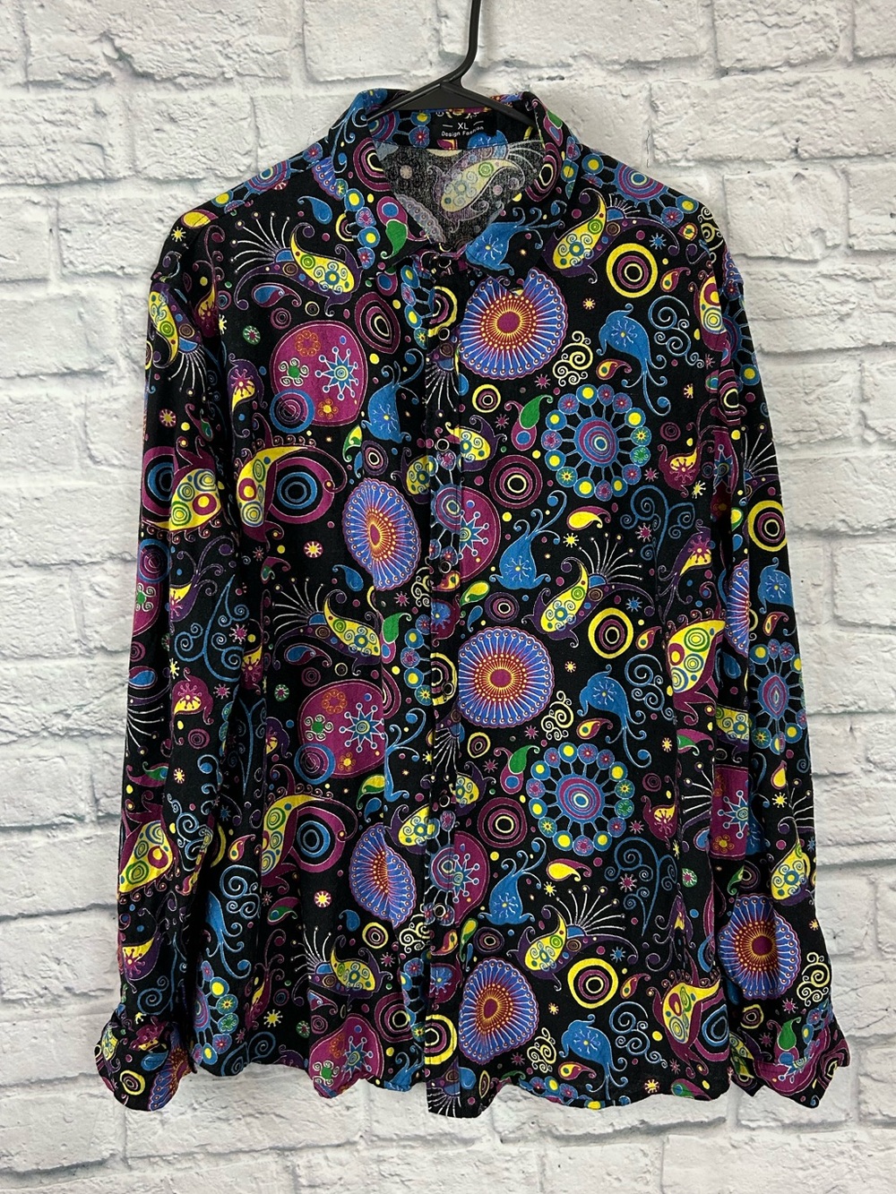 Design Fashion XL Psychedelic Paisley Button Front Cotton Linen Shirt